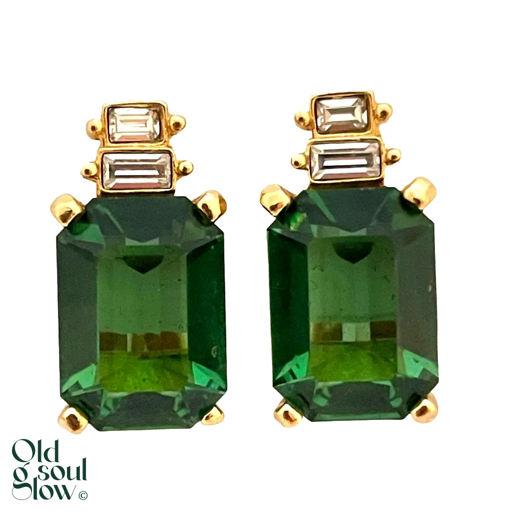Vintage Christian Dior Gold & Emerald Green Crystal Runway Earrings