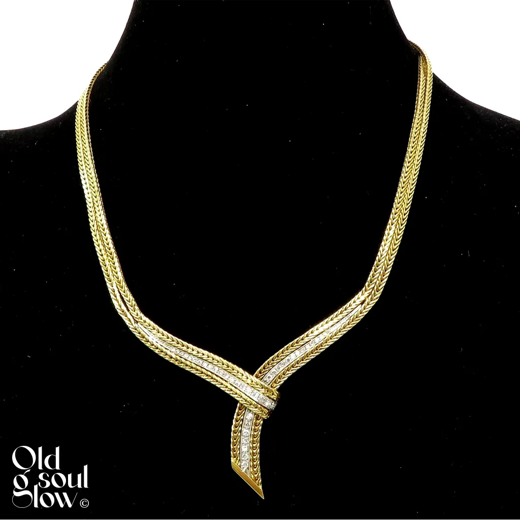 Vintage Cartier 18K Two-Tone Gold Diamond V Choker Necklace15”