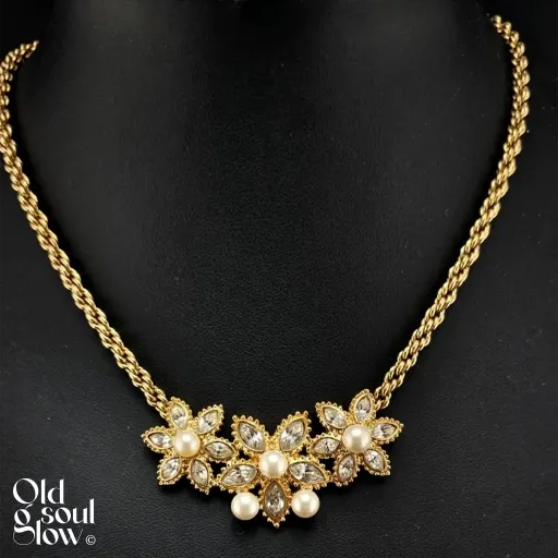 Vintage Christian Dior Gold Pearl & Crystal Floral Necklace