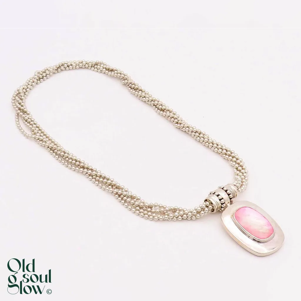 Sterling Silver Beaded Chain Necklace with Pink Gemstone Accent