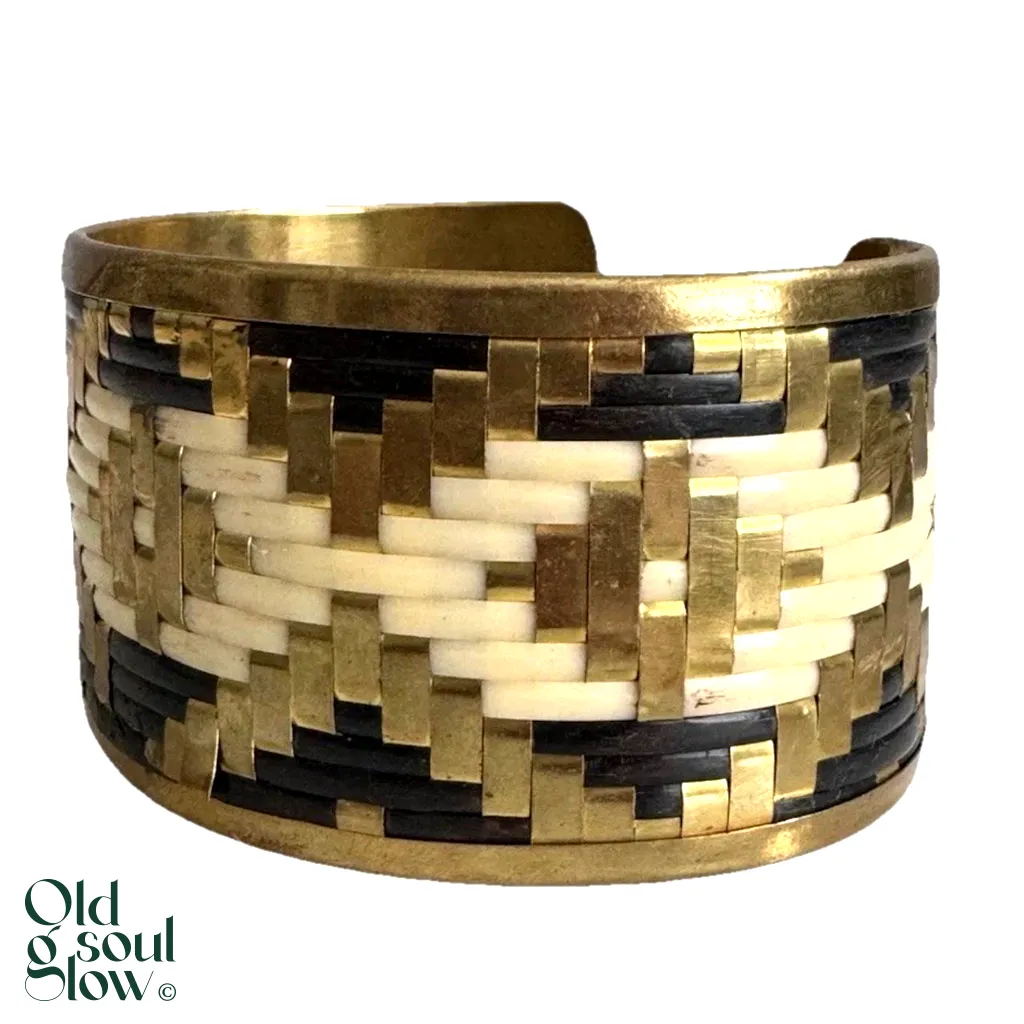 Wide Vintage Brass Cuff with Graphic Black & Cream Design