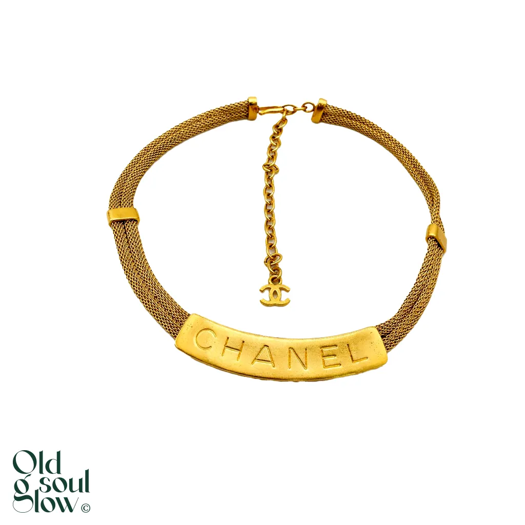 Vintage CHANEL Gold Logo Plate Choker