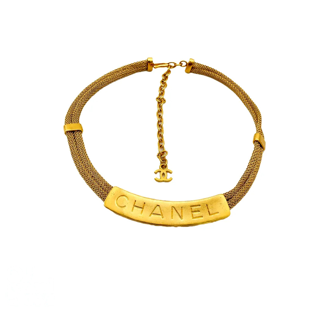 Vintage CHANEL Gold Logo Plate Choker