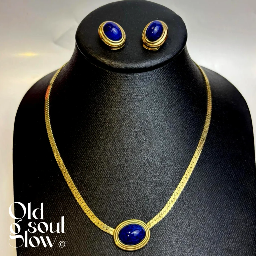 Vintage Christian Dior Signed Blue Cabochon Necklace & Clip Earrings Set