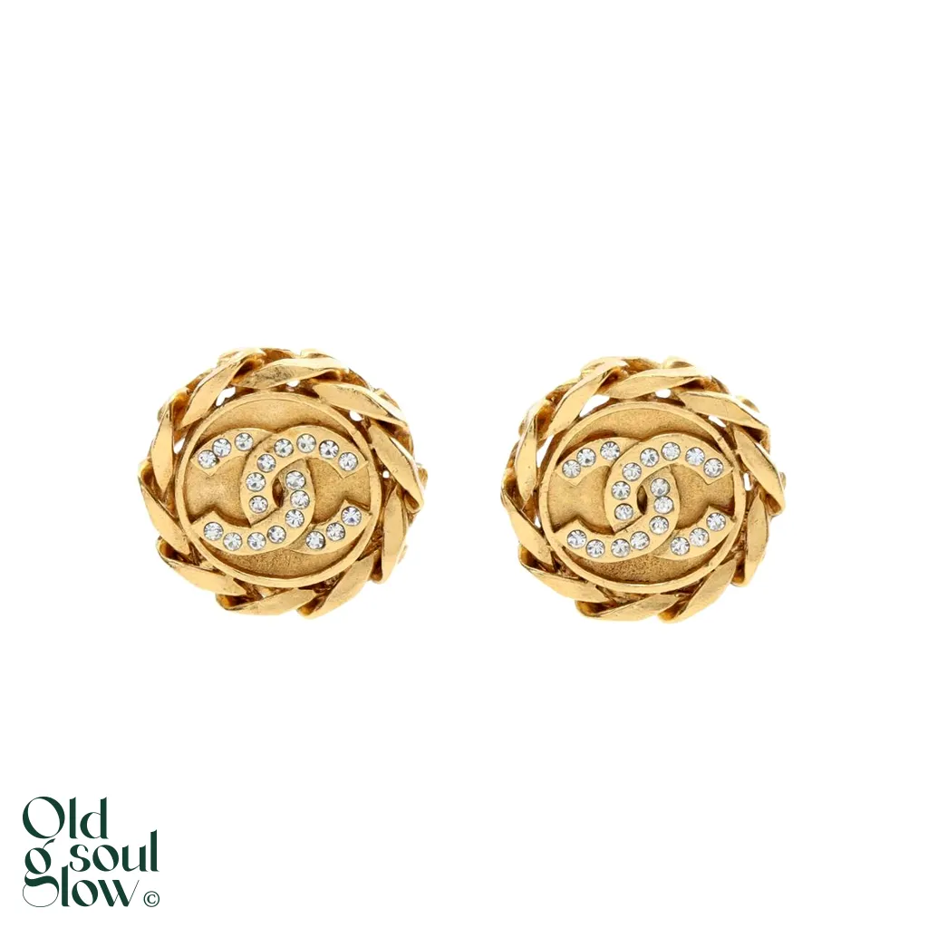 CHANEL Vintage CC Logo Rhinestone Round Button Clip-On EarringsGold Tone