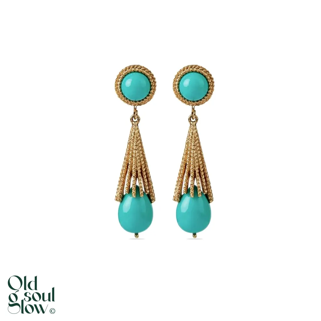 Vintage 1970s Turquoise & Gold Dangle Clip-On Earrings