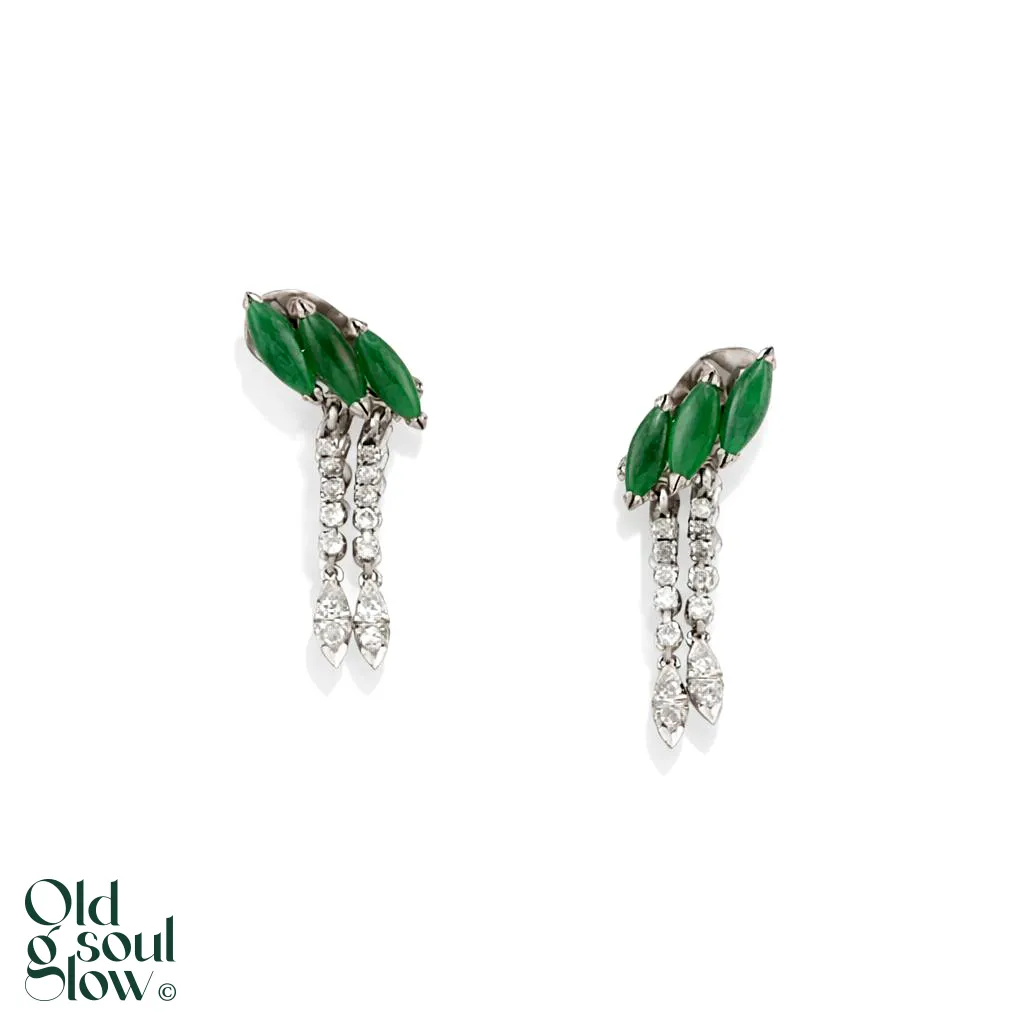 Vintage Platinum EarclipsMarquise Jade Cabochon & Diamond