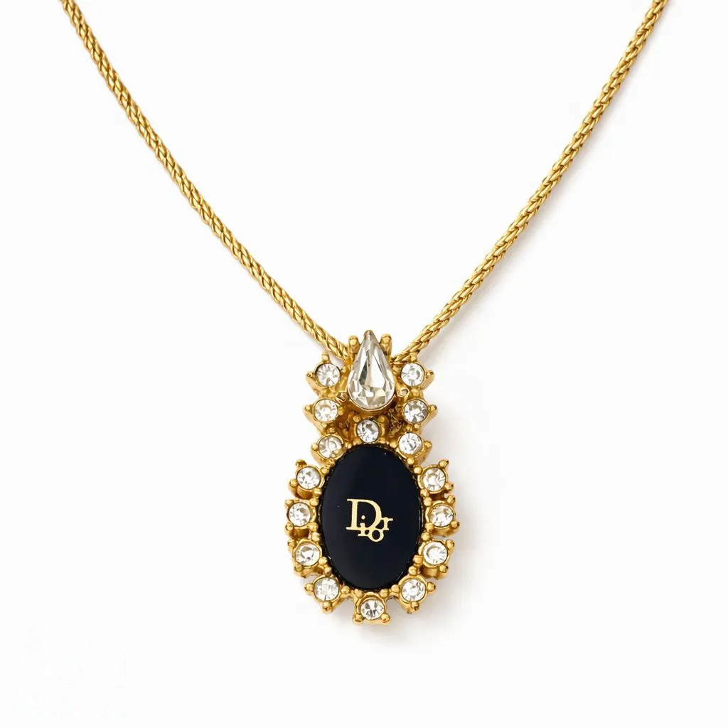Vintage Gold Tone Rhinestone Oval Pendant Necklace