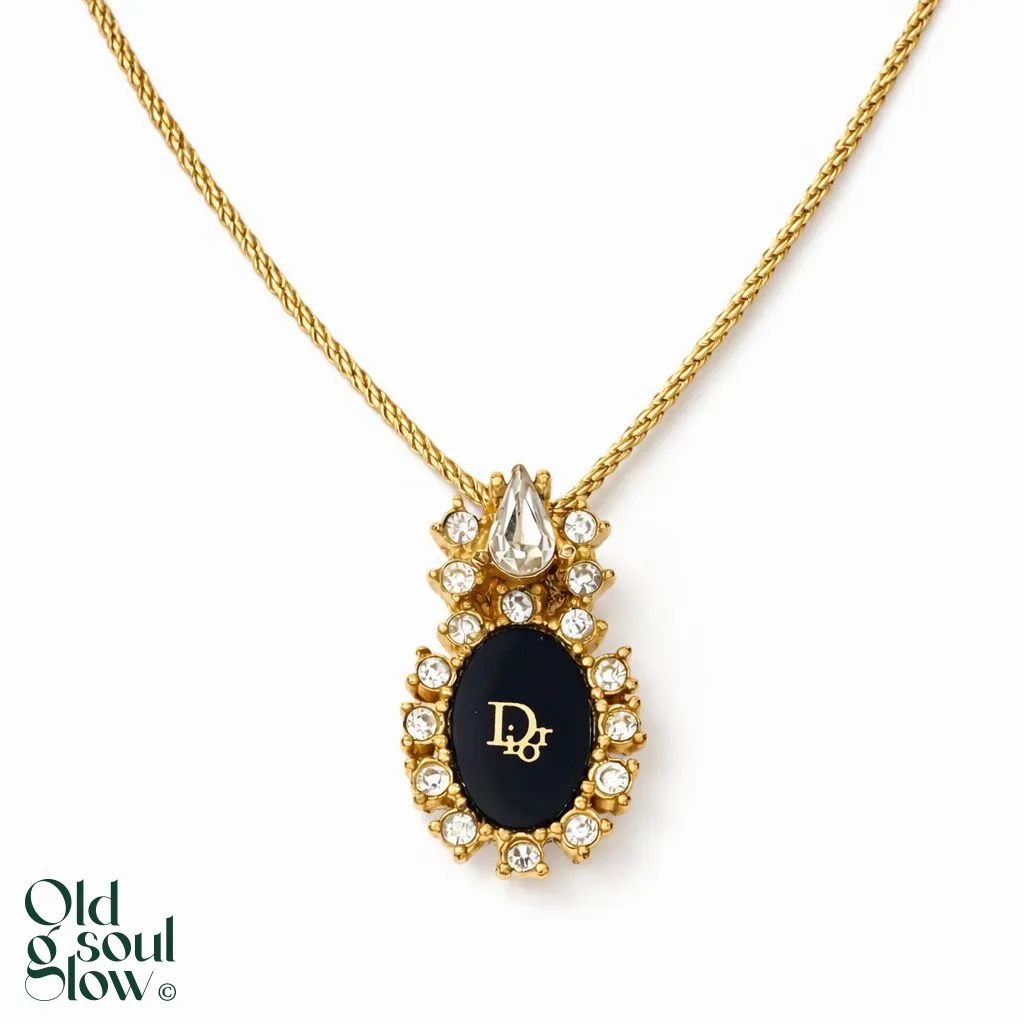 Vintage Gold Tone Rhinestone Oval Pendant Necklace