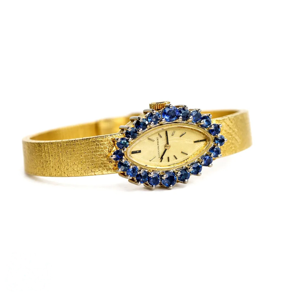 Rare 1960s 18K Yellow Gold Ladies WatchNatural Blue Sapphires