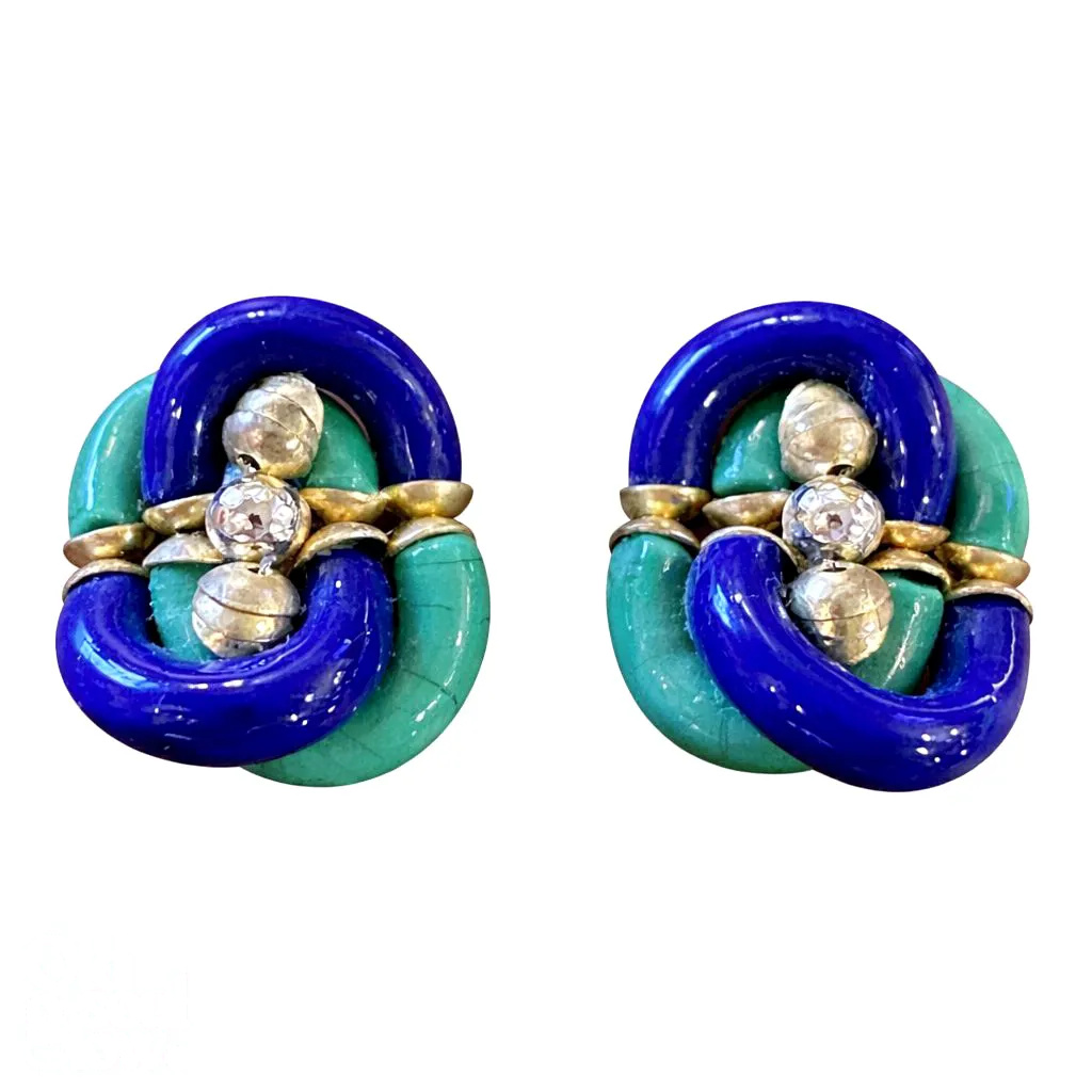 Vintage Italian Murano Glass Clip-On EarringsBlue Green Hand-Blown