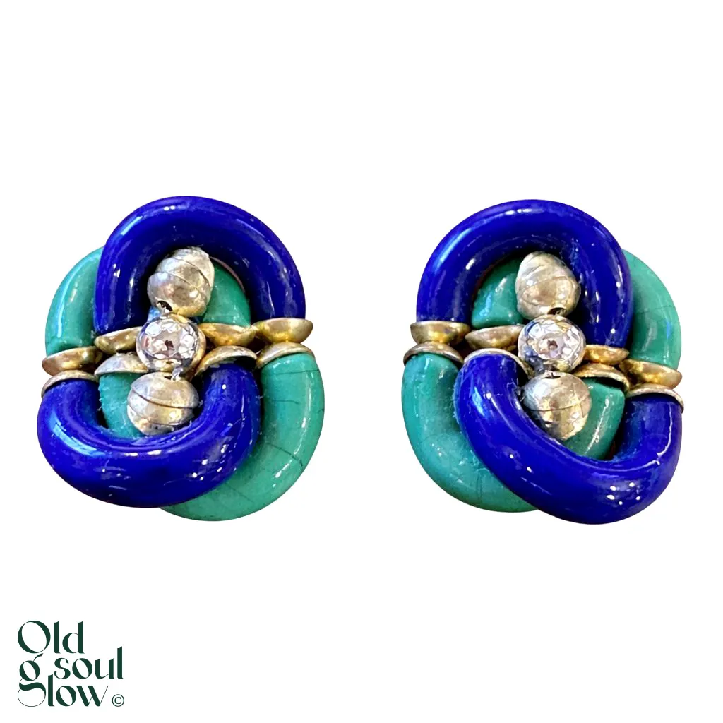 Vintage Italian Murano Glass Clip-On EarringsBlue Green Hand-Blown