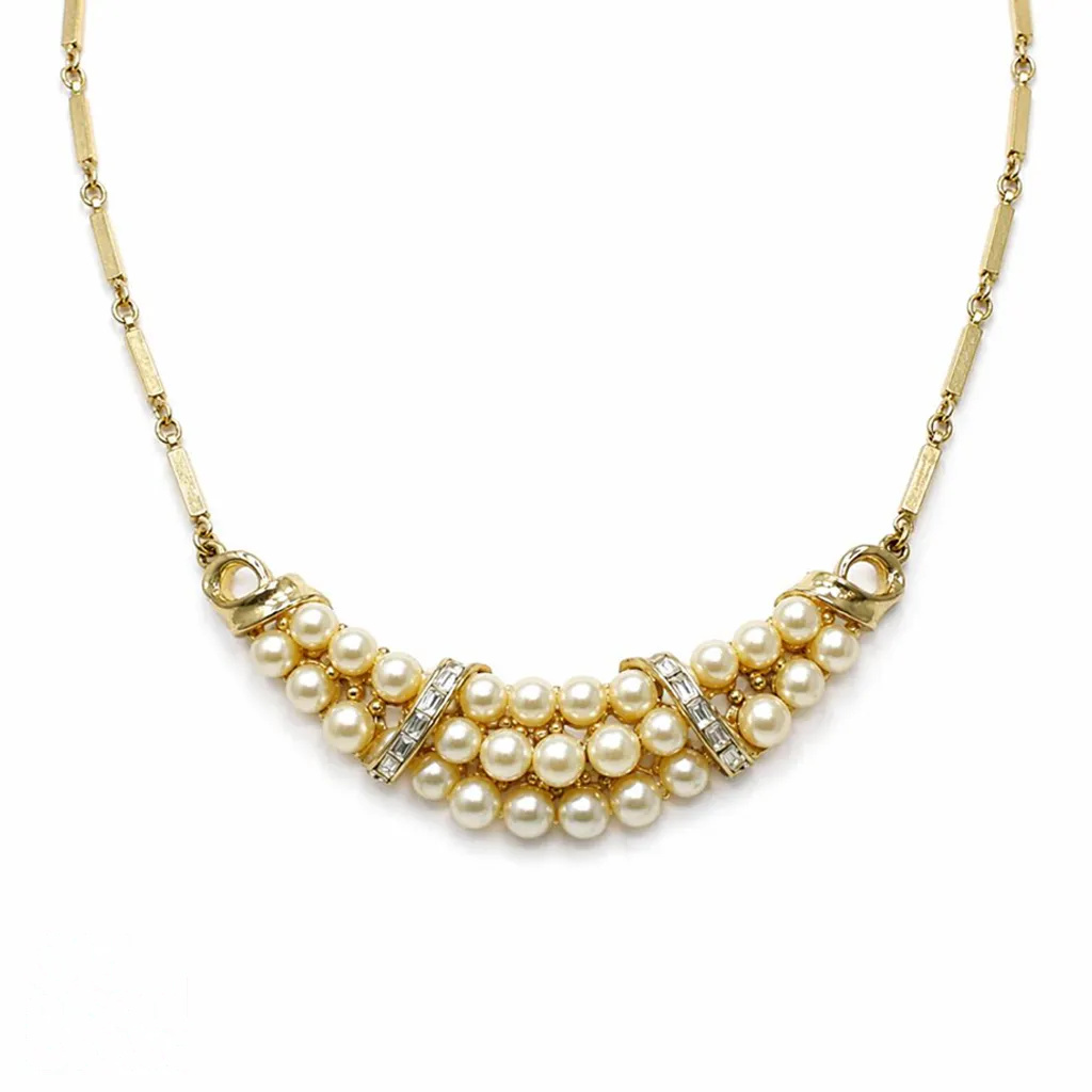 Vintage 1940s Faux Pearl & Rhinestone Choker, Gold Plated