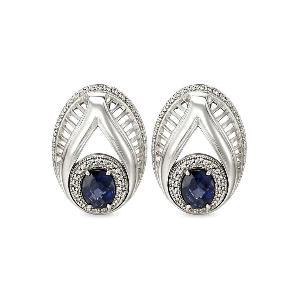 Vintage Art Deco Sapphire Blue Crystal Statement Earrings, Silver Tone Clip-On