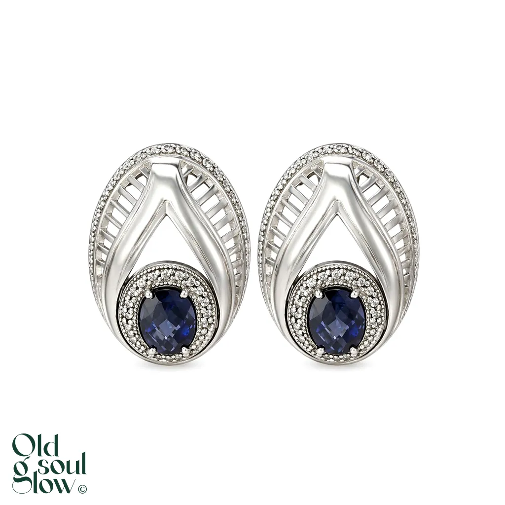 Vintage Art Deco Sapphire Blue Crystal Statement EarringsSilver Tone Clip-On