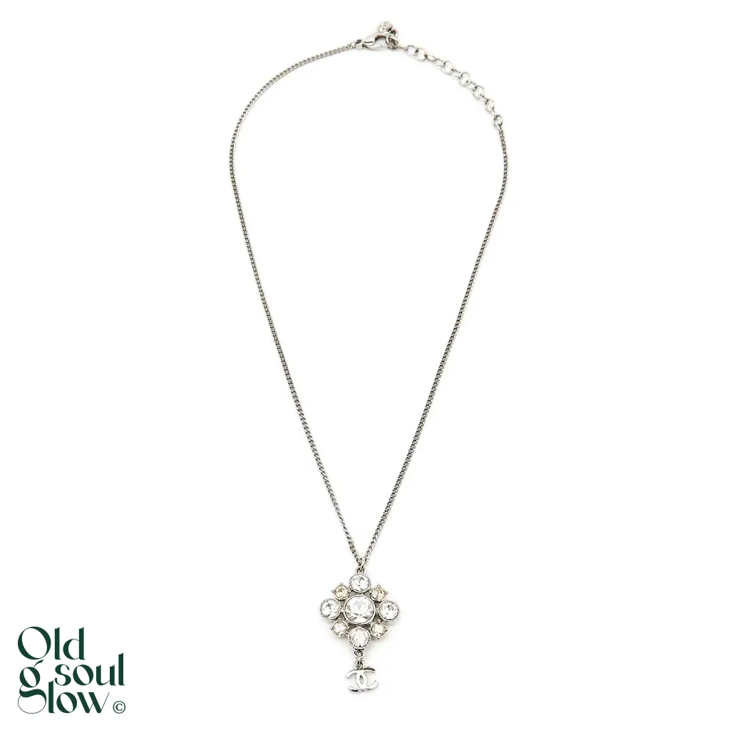 Vintage Silver Crystal Flower Pendant NecklaceWith Original Box